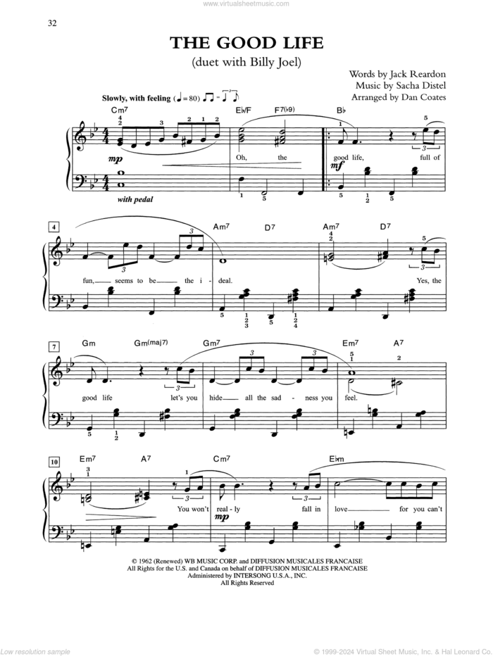 The Good Life (arr. Dan Coates) sheet music for piano solo by Tony Bennett & Billy Joel, Jack Reardon and Sacha Distel, easy skill level