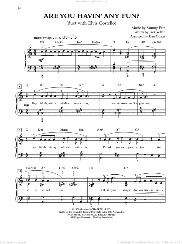 Are You Havin' Any Fun? (arr. Dan Coates) sheet music for piano solo by Tony Bennett & Elvis Costello, Jack Yellen and Sammy Fain, easy skill level