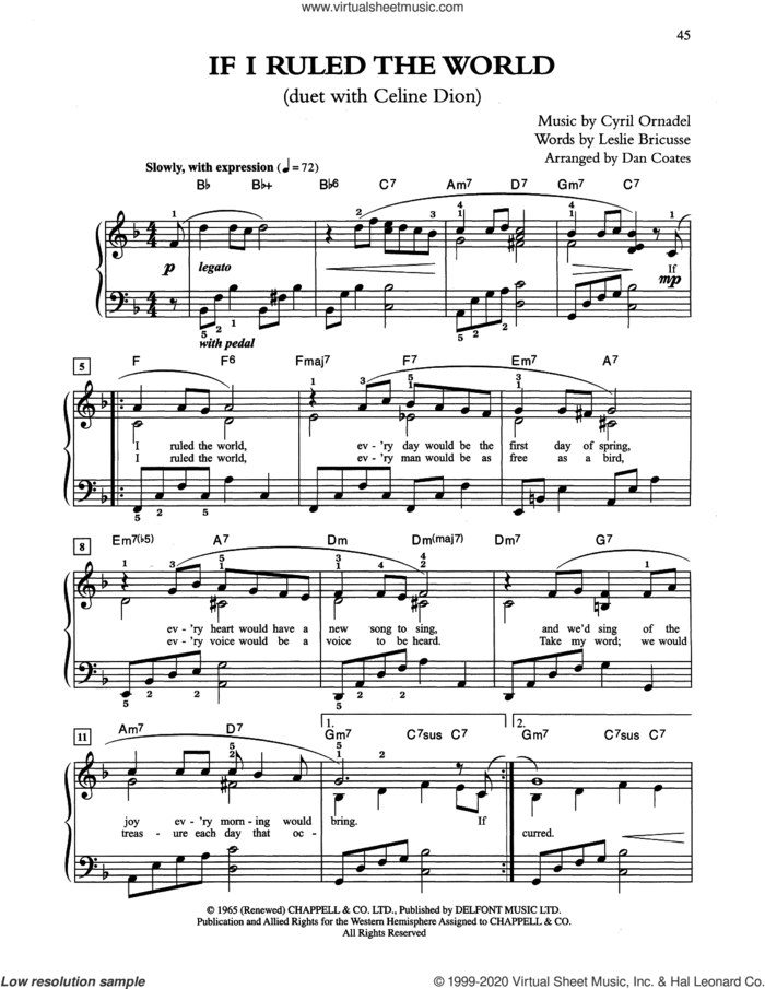 If I Ruled The World (arr. Dan Coates) sheet music for piano solo by Tony Bennett & Celine Dion, Cyril Ornadel and Leslie Bricusse, easy skill level