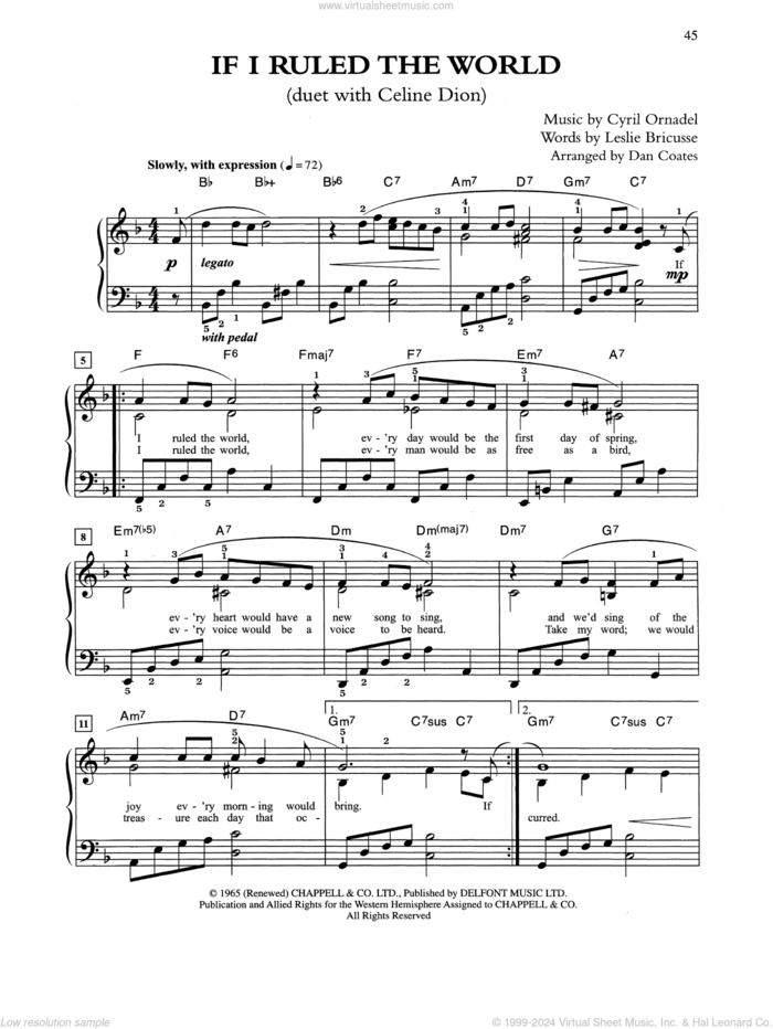 If I Ruled The World (arr. Dan Coates) sheet music for piano solo by Tony Bennett & Celine Dion, Cyril Ornadel and Leslie Bricusse, easy skill level