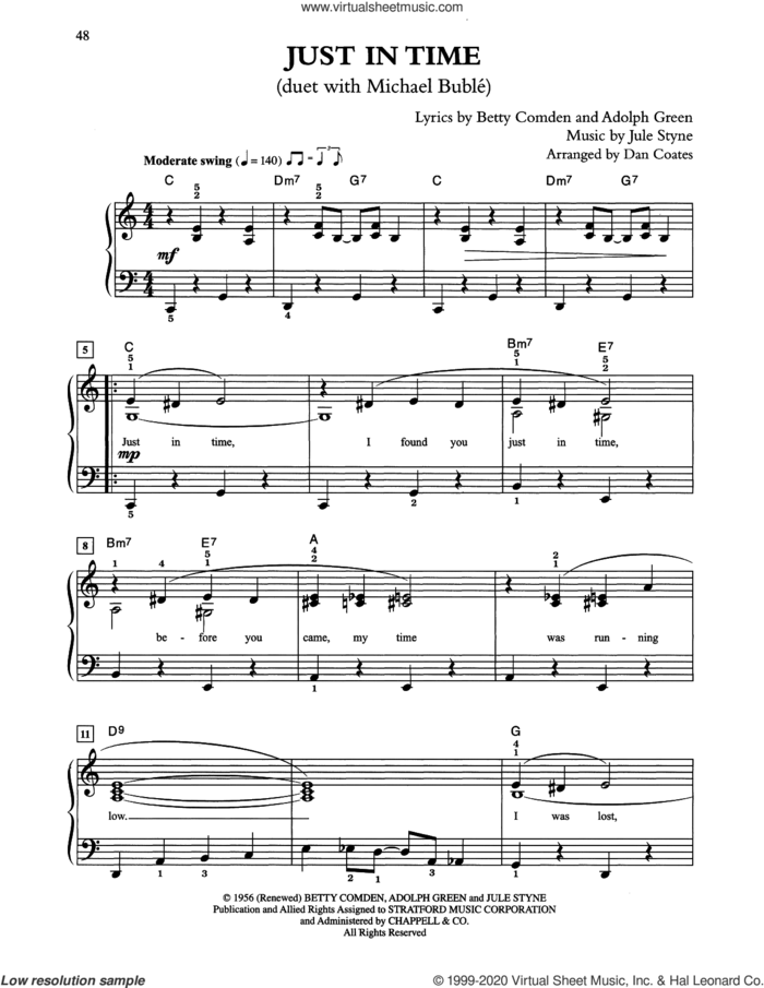 Just In Time (arr. Dan Coates) sheet music for piano solo by Tony Bennett & Michael Buble, Adolph Green, Betty Comden and Jule Styne, easy skill level