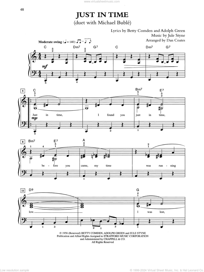 Just In Time (arr. Dan Coates) sheet music for piano solo by Tony Bennett & Michael Buble, Adolph Green, Betty Comden and Jule Styne, easy skill level