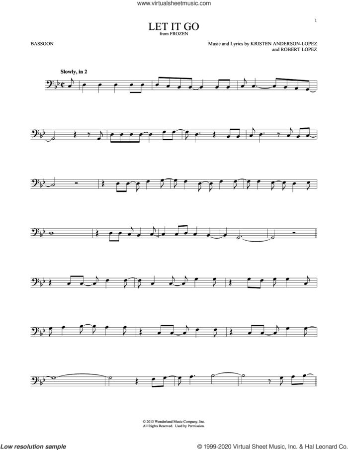 Let It Go (from Frozen) sheet music for Bassoon Solo by Idina Menzel, Kristen Anderson-Lopez and Robert Lopez, intermediate skill level