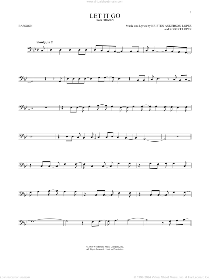 Let It Go (from Frozen) sheet music for Bassoon Solo by Idina Menzel, Kristen Anderson-Lopez and Robert Lopez, intermediate skill level