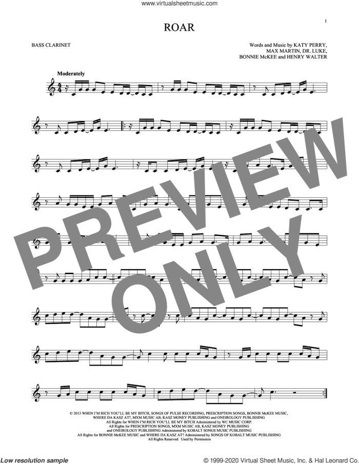Roar sheet music for Bass Clarinet Solo (clarinetto basso) by Katy Perry, Bonnie McKee, Dr. Luke, Henry Walter, Lukasz Gottwald and Max Martin, intermediate skill level