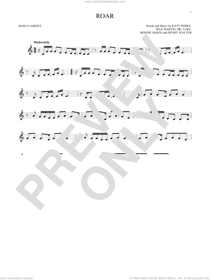 Roar sheet music for Bass Clarinet Solo (clarinetto basso) by Katy Perry, Bonnie McKee, Dr. Luke, Henry Walter, Lukasz Gottwald and Max Martin, intermediate skill level