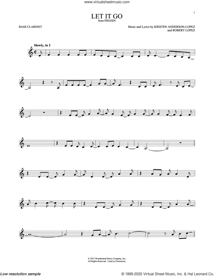 Let It Go (from Frozen) sheet music for Bass Clarinet Solo (clarinetto basso) by Idina Menzel, Kristen Anderson-Lopez and Robert Lopez, intermediate skill level