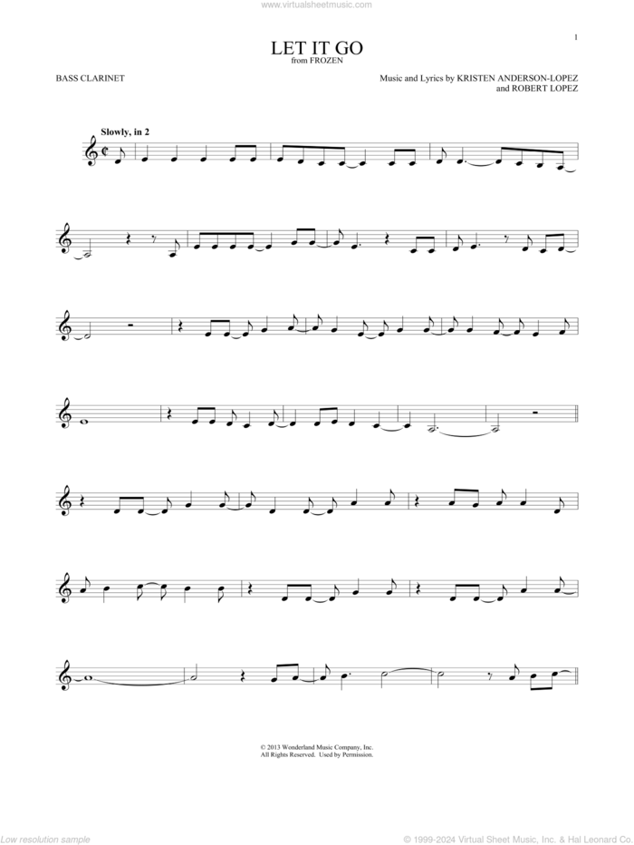 Let It Go (from Frozen) sheet music for Bass Clarinet Solo (clarinetto basso) by Idina Menzel, Kristen Anderson-Lopez and Robert Lopez, intermediate skill level