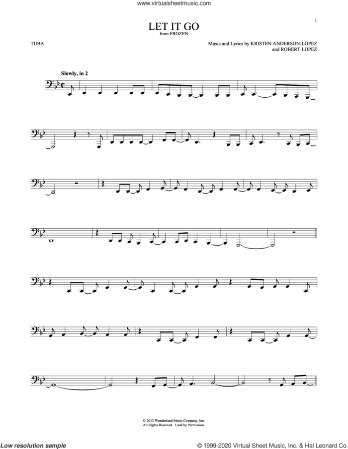 Let It Go (from Frozen) sheet music for Tuba Solo (tuba) by Idina Menzel, Kristen Anderson-Lopez and Robert Lopez, intermediate skill level