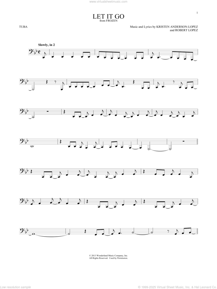 Let It Go (from Frozen) sheet music for Tuba Solo (tuba) by Idina Menzel, Kristen Anderson-Lopez and Robert Lopez, intermediate skill level