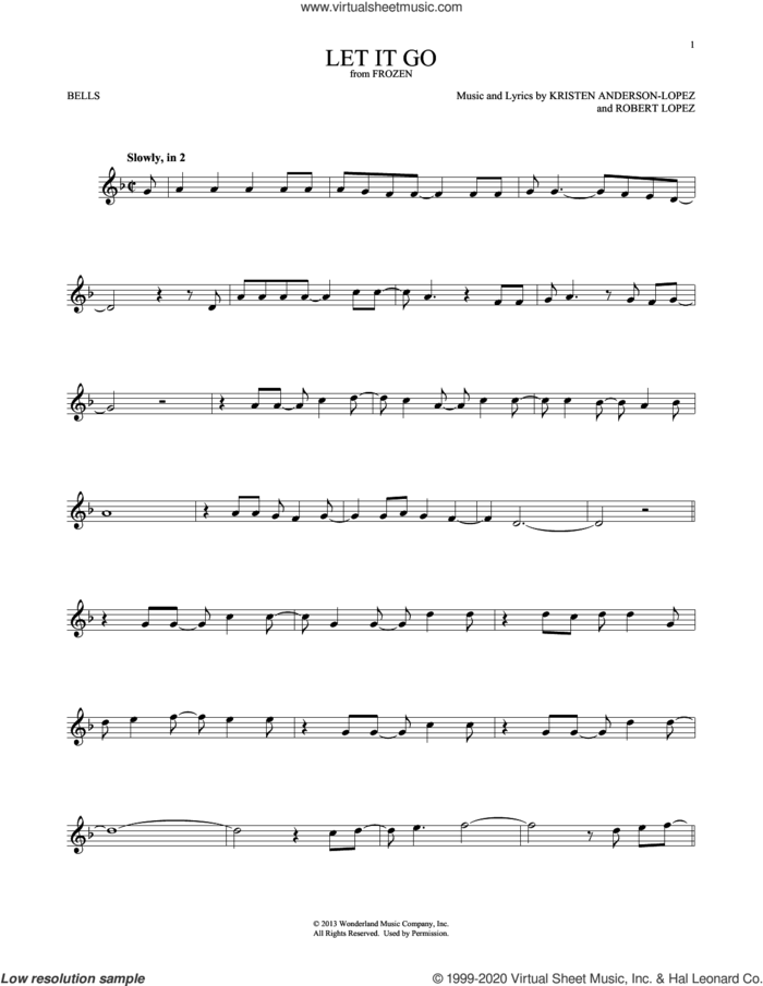 Let It Go (from Frozen) sheet music for Hand Bells Solo (bell solo) by Idina Menzel, Kristen Anderson-Lopez and Robert Lopez, intermediate Hand Bells Solo (bell)