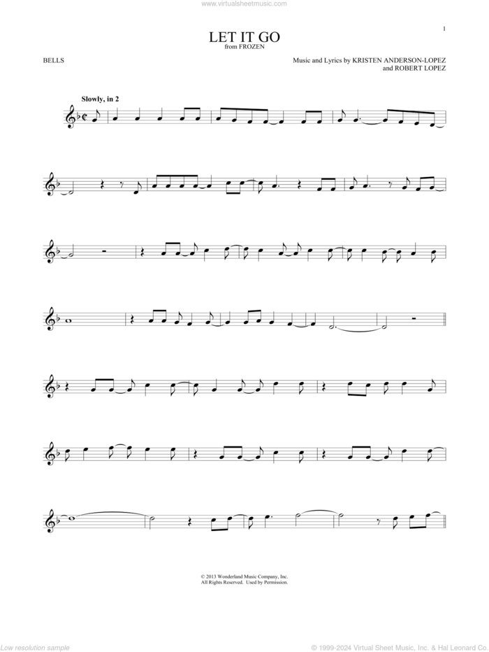 Let It Go (from Frozen) sheet music for Hand Bells Solo (bell solo) by Idina Menzel, Kristen Anderson-Lopez and Robert Lopez, intermediate Hand Bells Solo (bell)