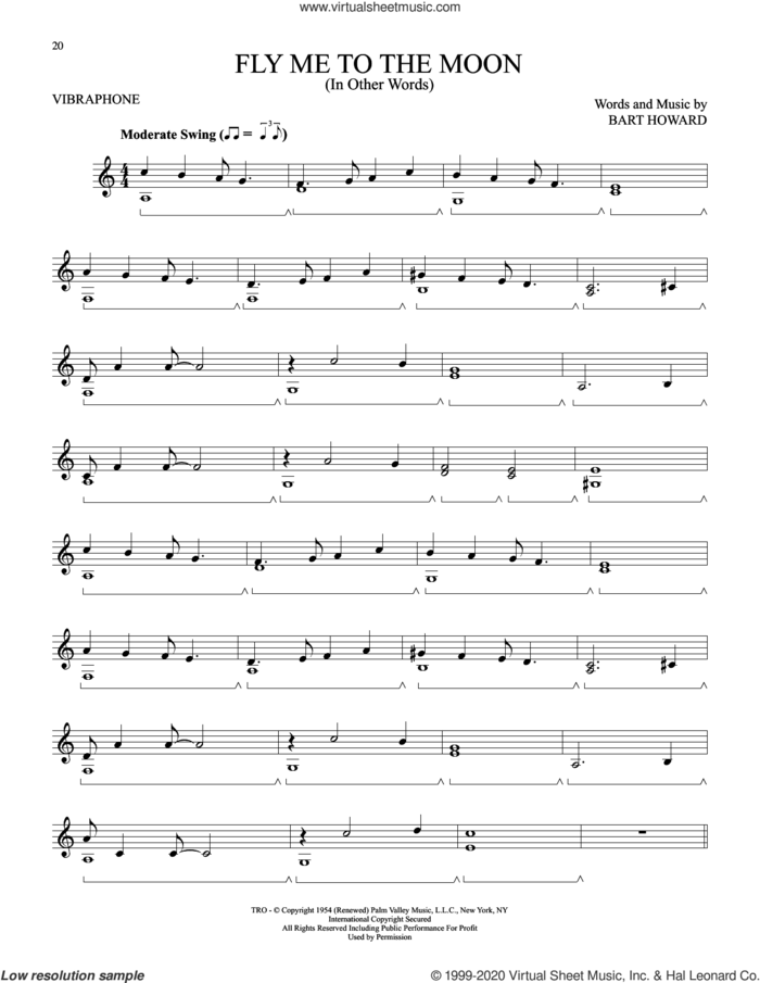 Fly Me To The Moon (In Other Words) sheet music for Vibraphone Solo by Tony Bennett and Bart Howard, wedding score, intermediate skill level