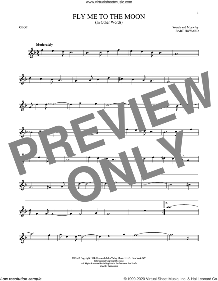 Fly Me To The Moon (In Other Words) sheet music for oboe solo by Tony Bennett and Bart Howard, wedding score, intermediate skill level