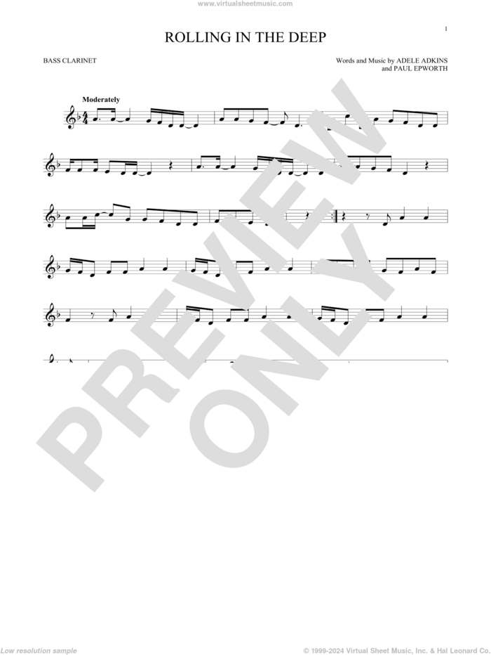 Rolling In The Deep sheet music for Bass Clarinet Solo (clarinetto basso) by Adele, Adele Adkins and Paul Epworth, intermediate skill level