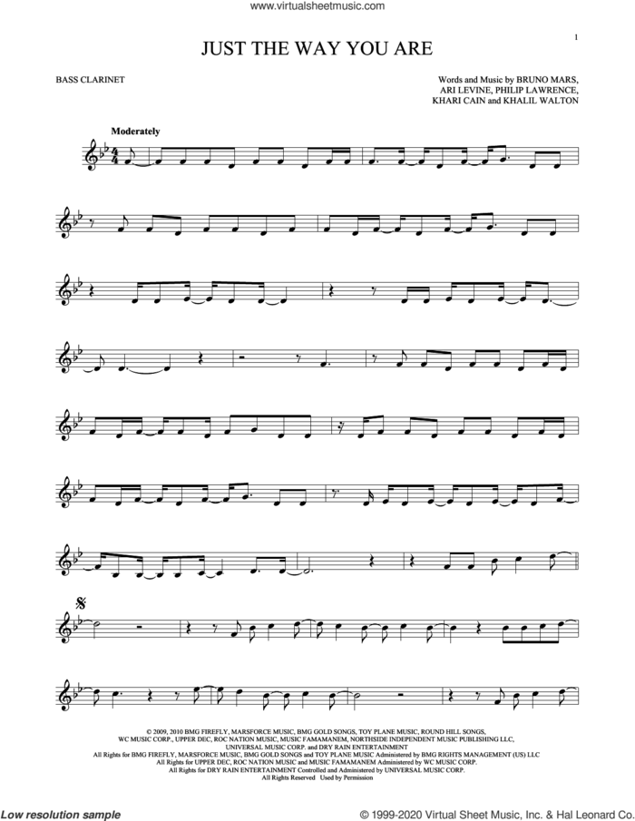 Just The Way You Are sheet music for Bass Clarinet Solo (clarinetto basso) by Bruno Mars, Ari Levine, Khalil Walton, Khari Cain and Philip Lawrence, wedding score, intermediate skill level