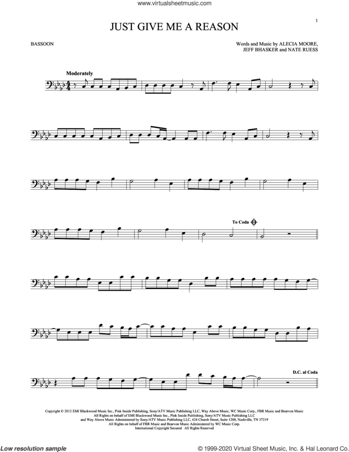 Just Give Me A Reason (feat. Nate Ruess) sheet music for Bassoon Solo by Jeff Bhasker, Miscellaneous, Alecia Moore and Nate Ruess, intermediate skill level