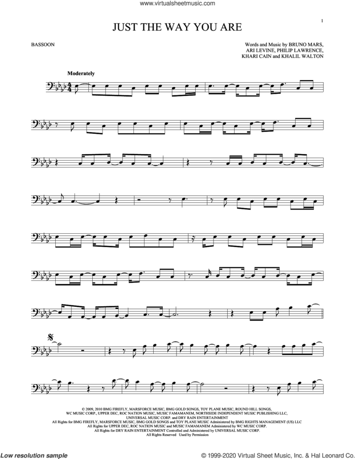 Just The Way You Are sheet music for Bassoon Solo by Bruno Mars, Ari Levine, Khalil Walton, Khari Cain and Philip Lawrence, wedding score, intermediate skill level