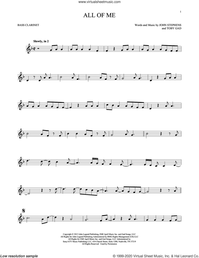 All Of Me sheet music for Bass Clarinet Solo (clarinetto basso) by John Legend, John Stephens and Toby Gad, intermediate skill level