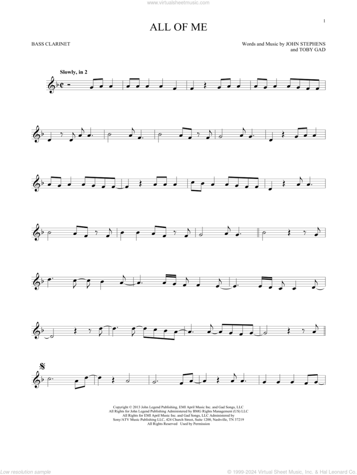 All Of Me sheet music for Bass Clarinet Solo (clarinetto basso) by John Legend, John Stephens and Toby Gad, wedding score, intermediate skill level
