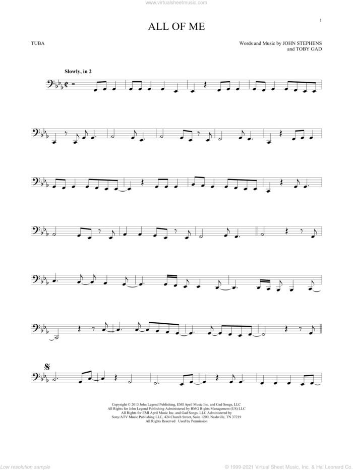 All Of Me sheet music for Tuba Solo (tuba) by John Legend, John Stephens and Toby Gad, intermediate skill level