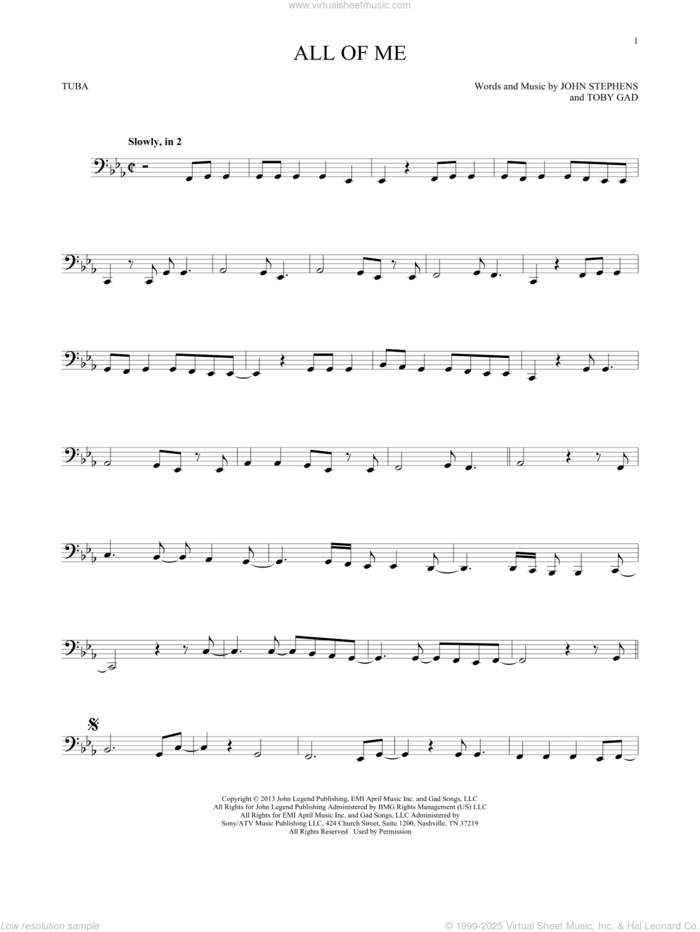 All Of Me sheet music for Tuba Solo (tuba) by John Legend, John Stephens and Toby Gad, wedding score, intermediate skill level