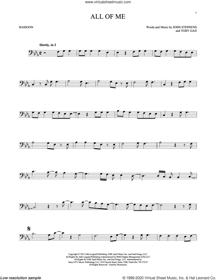 All Of Me sheet music for Bassoon Solo by John Legend, John Stephens and Toby Gad, intermediate skill level