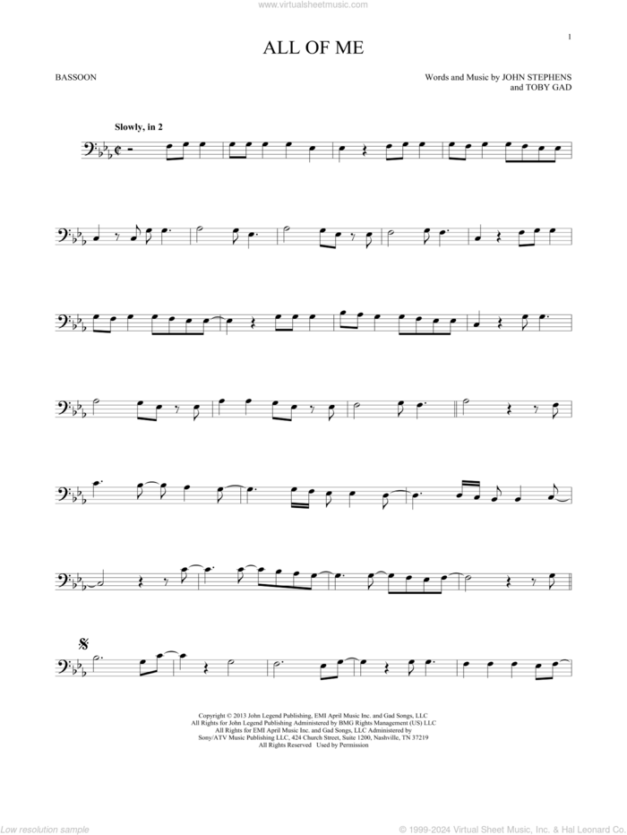 All Of Me sheet music for Bassoon Solo by John Legend, John Stephens and Toby Gad, wedding score, intermediate skill level