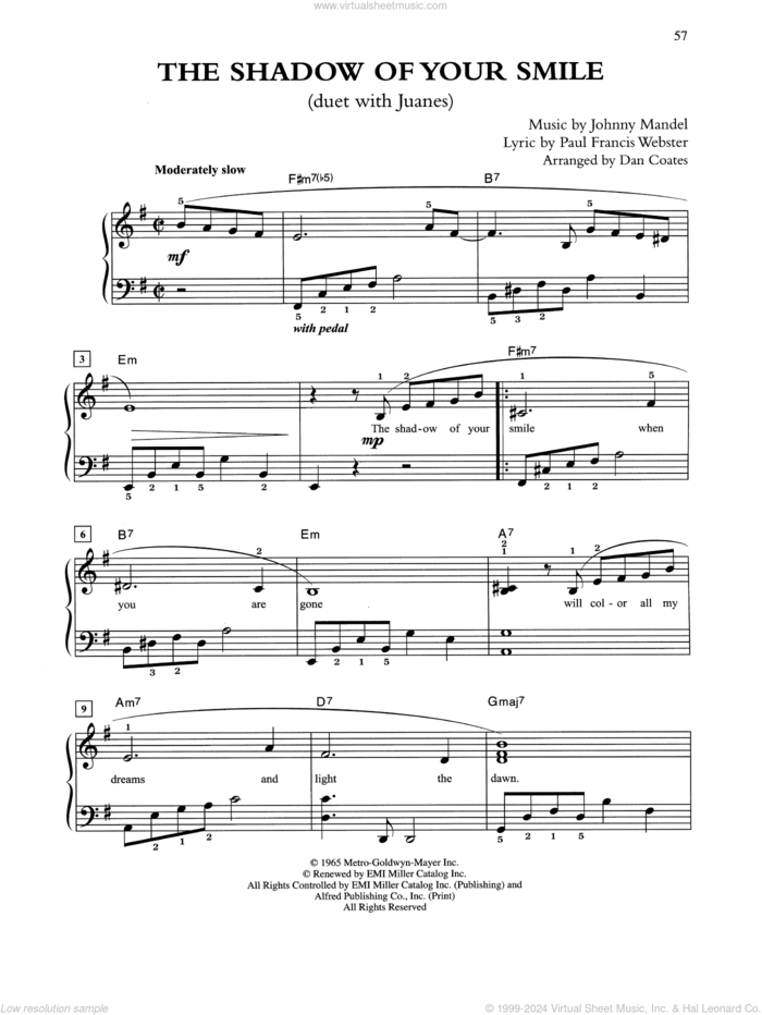 The Shadow Of Your Smile (arr. Dan Coates) sheet music for piano solo by Tony Bennett & Juanes, Johnny Mandel and Paul Francis Webster, easy skill level