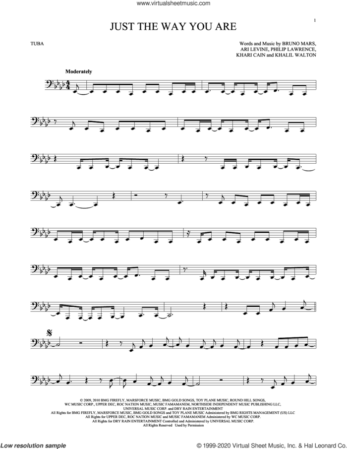 Just The Way You Are sheet music for Tuba Solo (tuba) by Bruno Mars, Ari Levine, Khalil Walton, Khari Cain and Philip Lawrence, wedding score, intermediate skill level