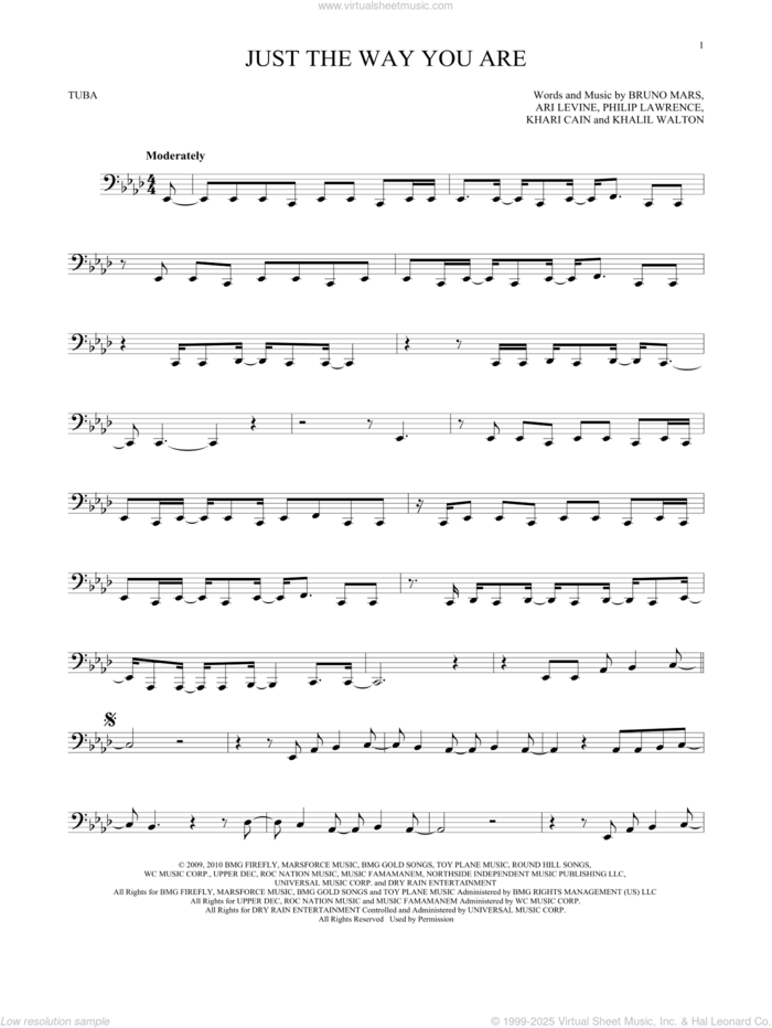 Just The Way You Are sheet music for Tuba Solo (tuba) by Bruno Mars, Ari Levine, Khalil Walton, Khari Cain and Philip Lawrence, wedding score, intermediate skill level