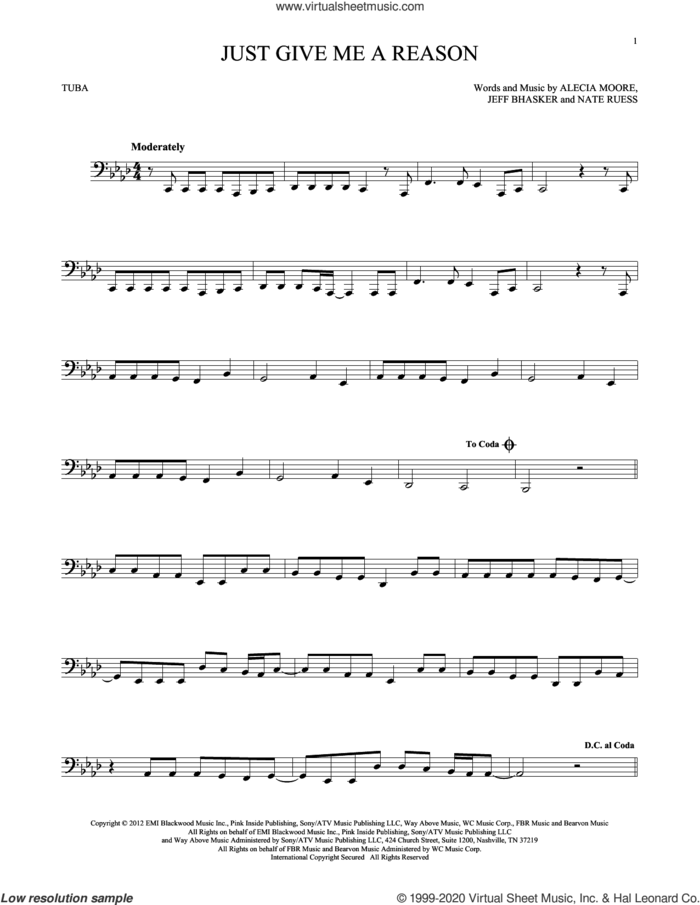 Just Give Me A Reason (feat. Nate Ruess) sheet music for Tuba Solo (tuba) by Jeff Bhasker, Miscellaneous, Alecia Moore and Nate Ruess, intermediate skill level