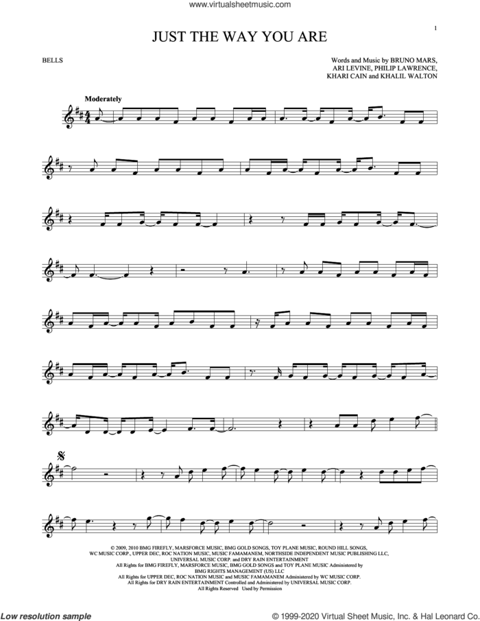 Just The Way You Are sheet music for Hand Bells Solo (bell solo) by Bruno Mars, Ari Levine, Khalil Walton, Khari Cain and Philip Lawrence, wedding score, intermediate Hand Bells Solo (bell)
