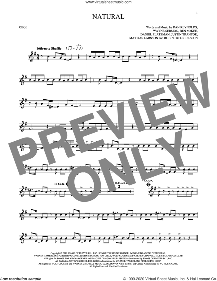 Natural sheet music for oboe solo by Imagine Dragons, Ben McKee, Dan Reynolds, Daniel Platzman, Justin Tranter, Mattias Larsson, Robin Fredriksson and Wayne Sermon, intermediate skill level