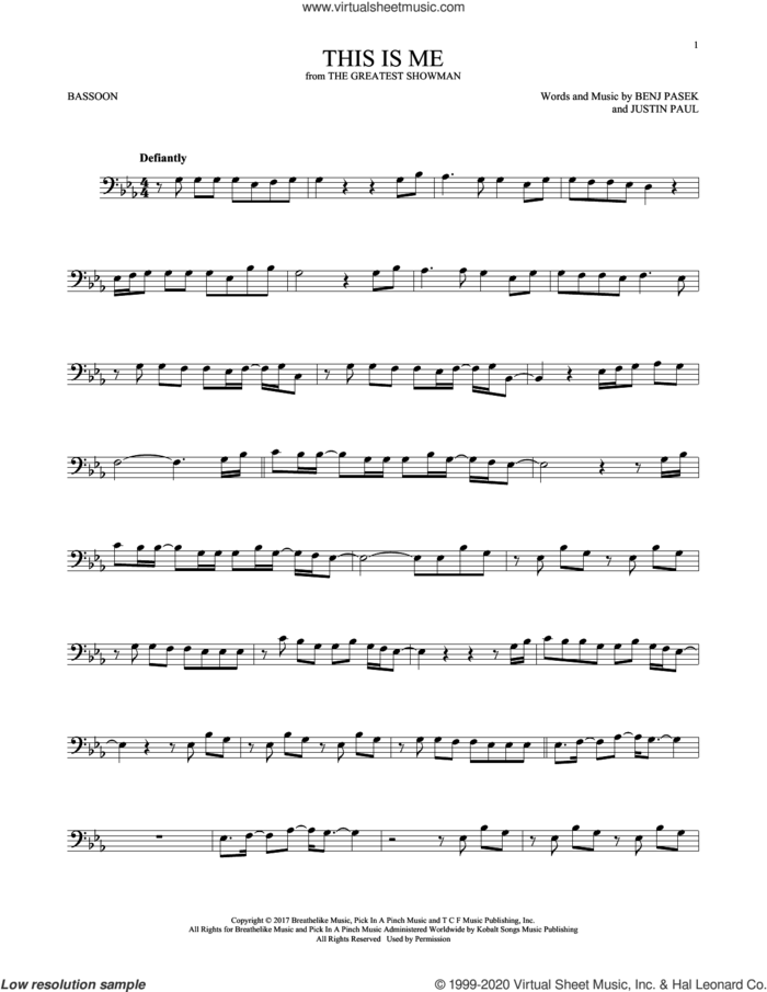 This Is Me (from The Greatest Showman) sheet music for Bassoon Solo by Pasek & Paul, Benj Pasek and Justin Paul, intermediate skill level