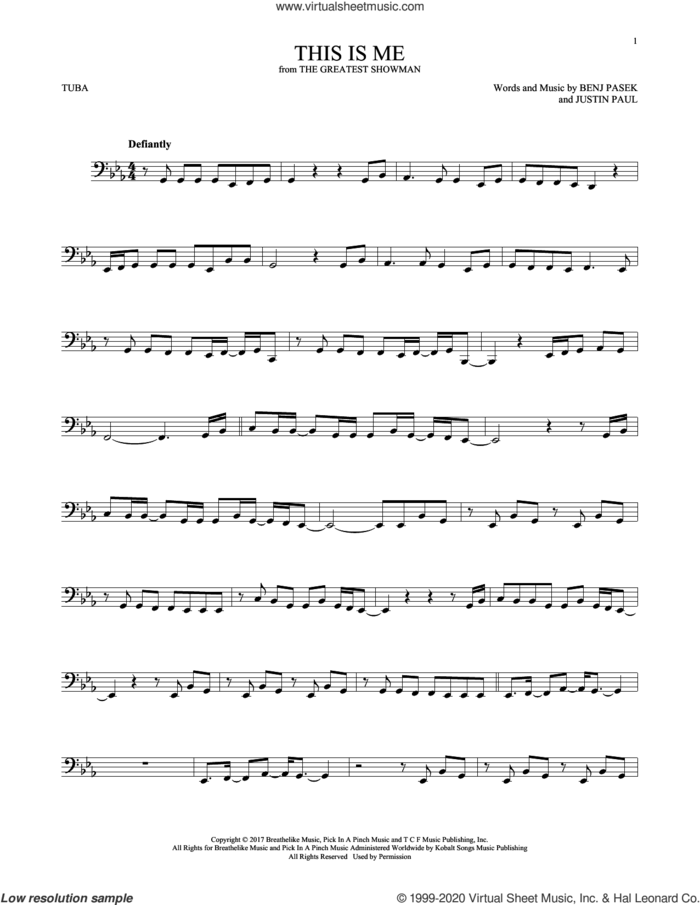 This Is Me (from The Greatest Showman) sheet music for Tuba Solo (tuba) by Pasek & Paul, Benj Pasek and Justin Paul, intermediate skill level