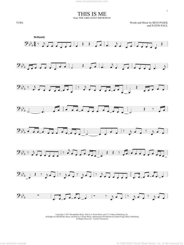 This Is Me (from The Greatest Showman) sheet music for Tuba Solo (tuba) by Pasek & Paul, Benj Pasek and Justin Paul, intermediate skill level