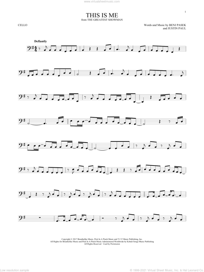 This Is Me (from The Greatest Showman) sheet music for cello solo by Pasek & Paul, Benj Pasek and Justin Paul, intermediate skill level