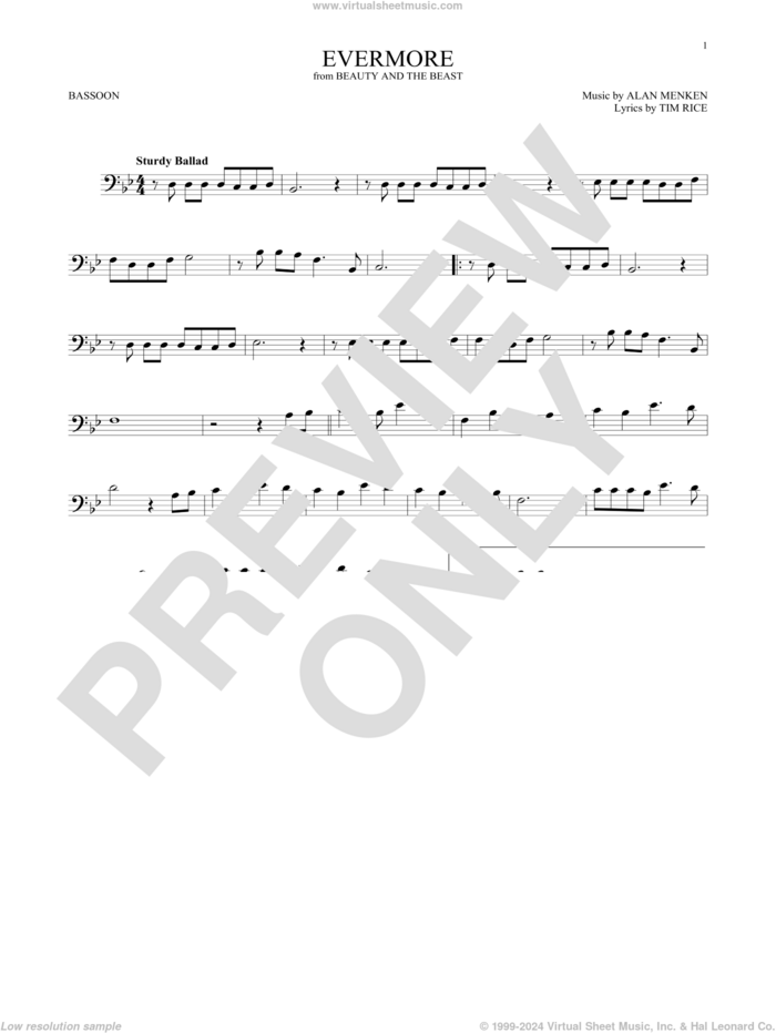 Evermore (from Beauty and The Beast) sheet music for Bassoon Solo by Alan Menken, Josh Groban and Tim Rice, intermediate skill level