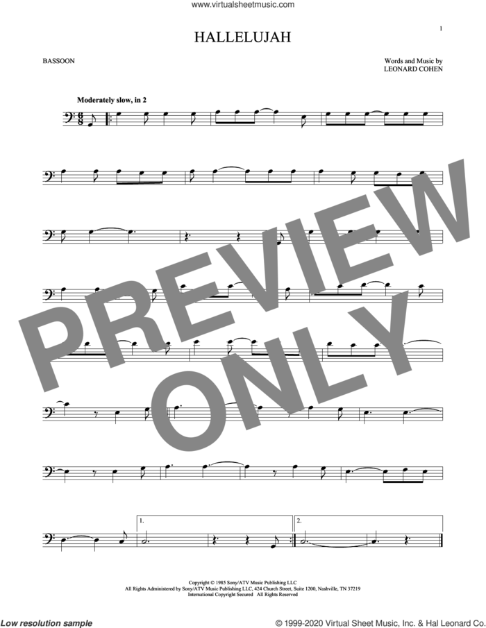Hallelujah sheet music for Bassoon Solo by Leonard Cohen, intermediate skill level