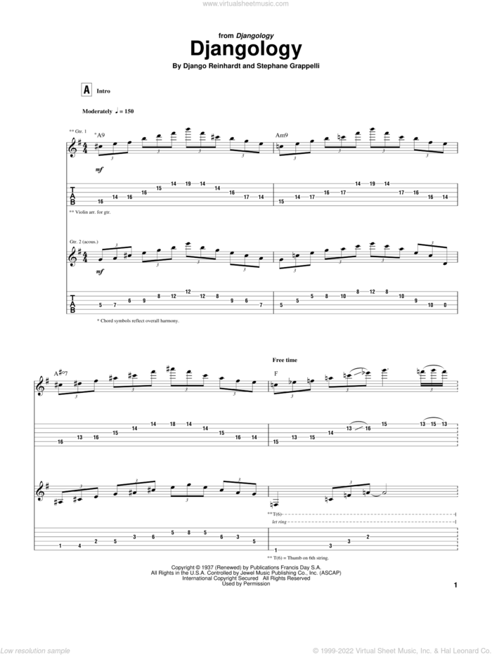 Djangology sheet music for guitar (tablature) by Django Reinhardt and Stephane Grappelli, intermediate skill level