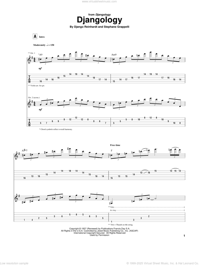 Djangology sheet music for guitar (tablature) by Django Reinhardt and Stephane Grappelli, intermediate skill level