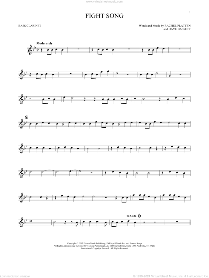 Fight Song sheet music for Bass Clarinet Solo (clarinetto basso) by Rachel Platten and Dave Bassett, intermediate skill level