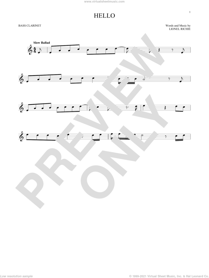 Hello sheet music for Bass Clarinet Solo (clarinetto basso) by Lionel Richie, intermediate skill level