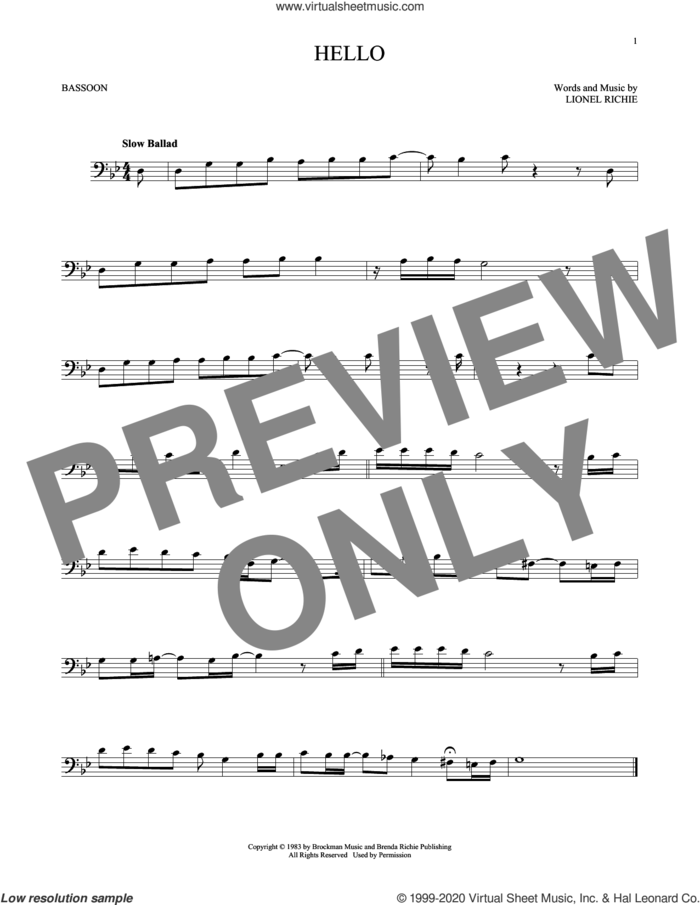 Hello sheet music for Bassoon Solo by Lionel Richie, intermediate skill level
