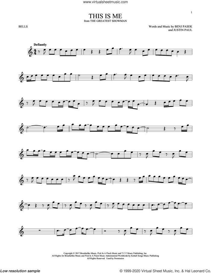 This Is Me (from The Greatest Showman) sheet music for Hand Bells Solo (bell solo) by Pasek & Paul, Benj Pasek and Justin Paul, intermediate Hand Bells Solo (bell)