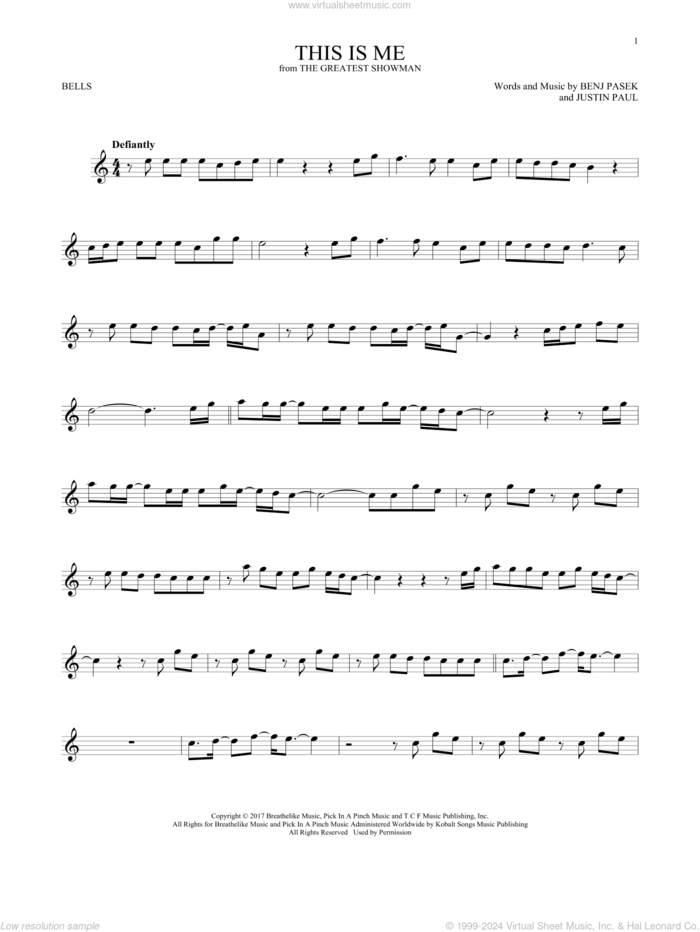 This Is Me (from The Greatest Showman) sheet music for Hand Bells Solo (bell solo) by Pasek & Paul, Benj Pasek and Justin Paul, intermediate Hand Bells Solo (bell)