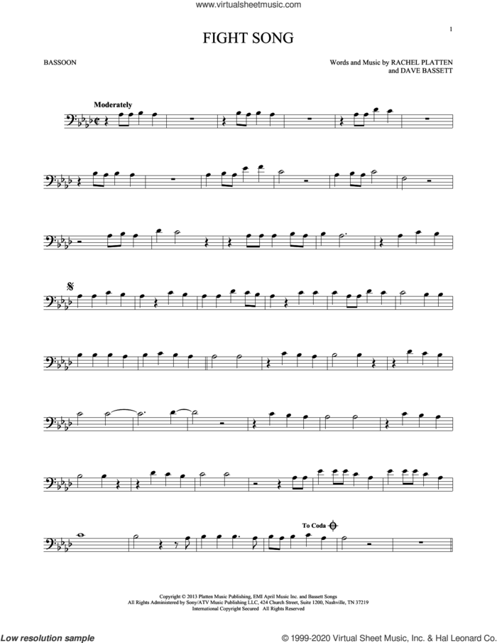 Fight Song sheet music for Bassoon Solo by Rachel Platten and Dave Bassett, intermediate skill level