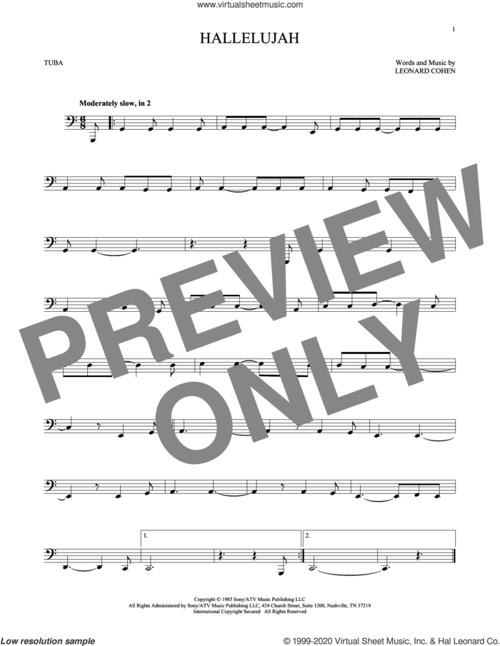 Hallelujah sheet music for Tuba Solo (tuba) by Leonard Cohen, intermediate skill level