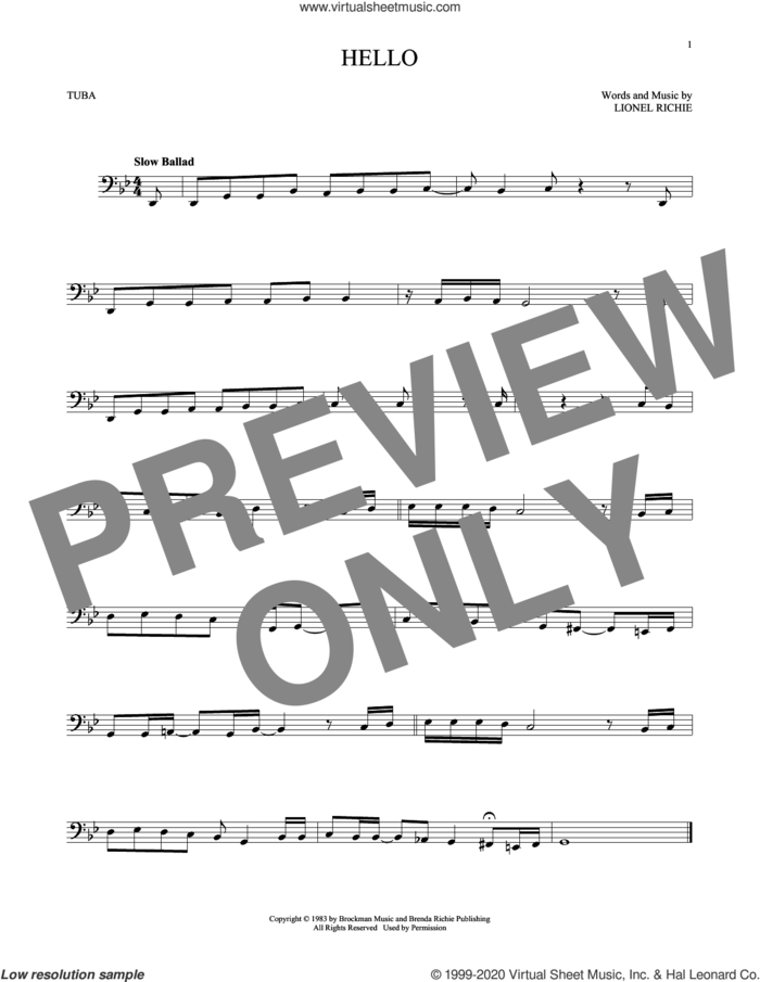 Hello sheet music for Tuba Solo (tuba) by Lionel Richie, intermediate skill level
